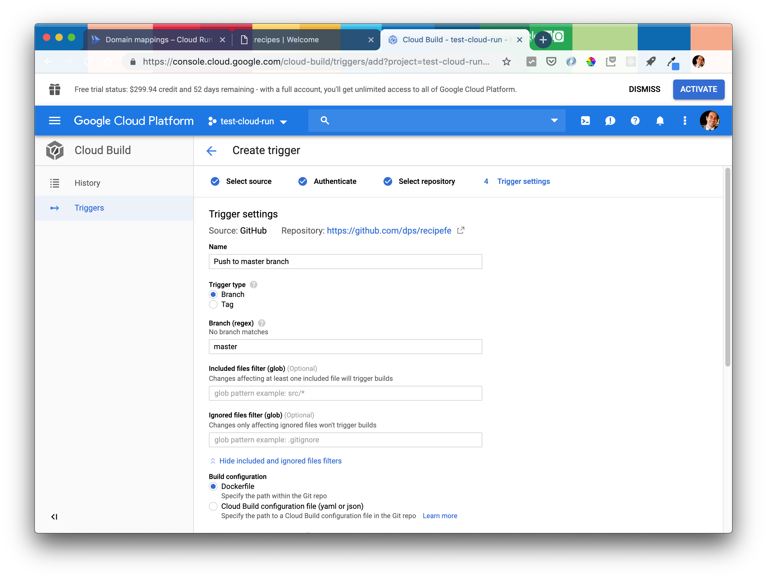 screenshot of google cloud build