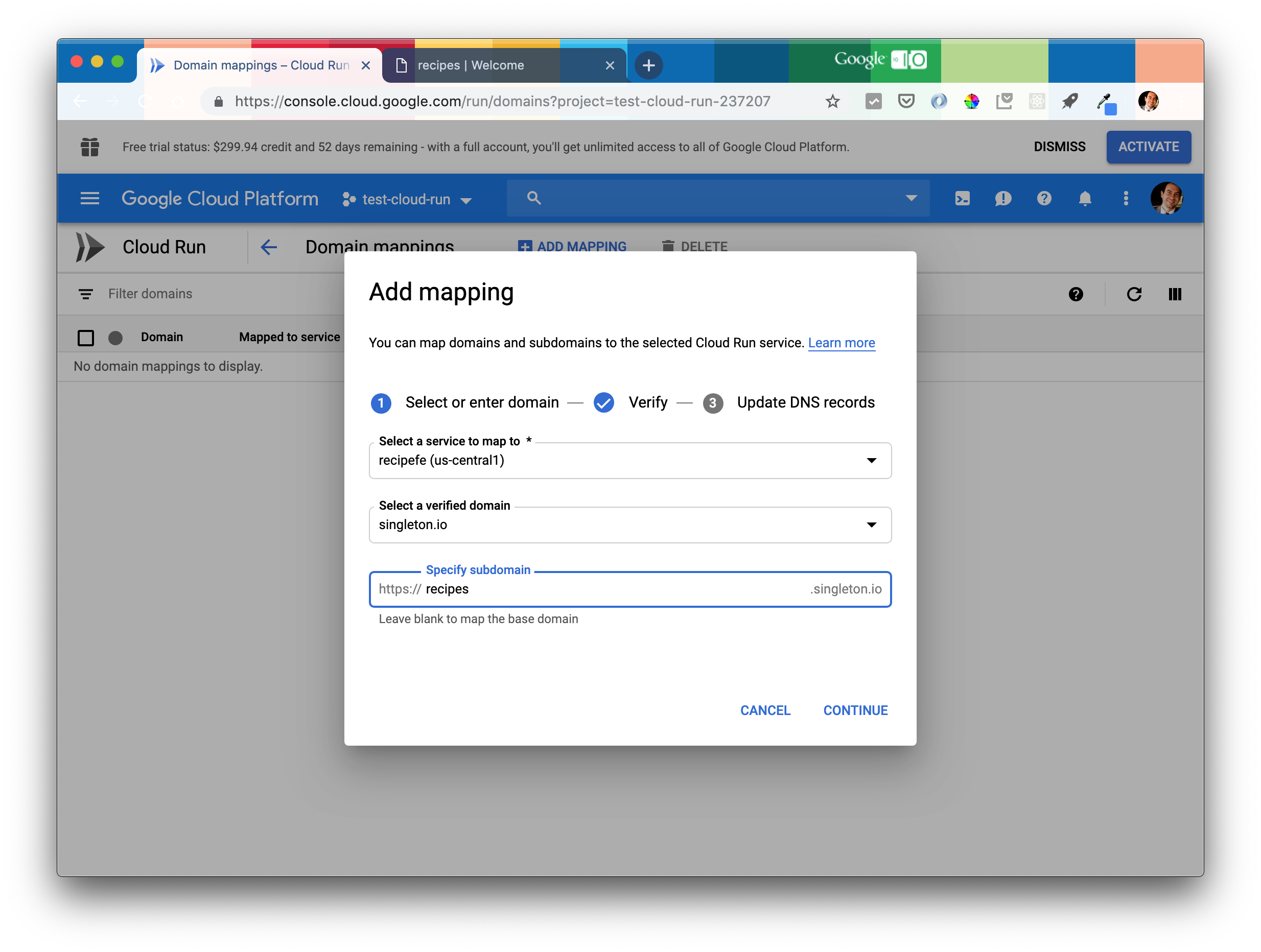 screenshot of google cloud run domain mapping