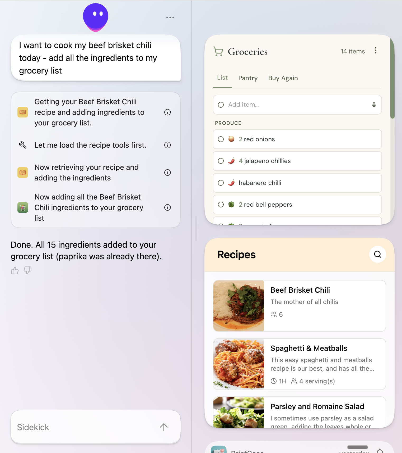 Example screenshot of Sidekick handling a request that calls multiple tools and an agent