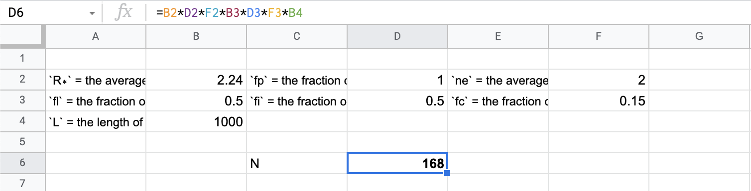 Screenshot of Google Sheets with Drake Equation values