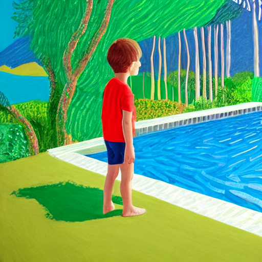 Stable diffusion image from the prompt A young boy, in profile, wearing navy shorts and a green shirt stares into a turquoise swimming pool in California, trees and sea in the background. High quality, acrylic paint by David Hockney