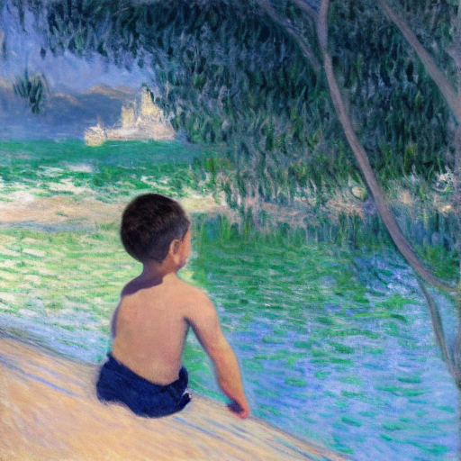 img2img based on the above with prompt A young boy, in profile, wearing navy shorts and a green shirt stares into a turquoise swimming pool in California, trees and sea in the background. High quality, oil painting by Monet
