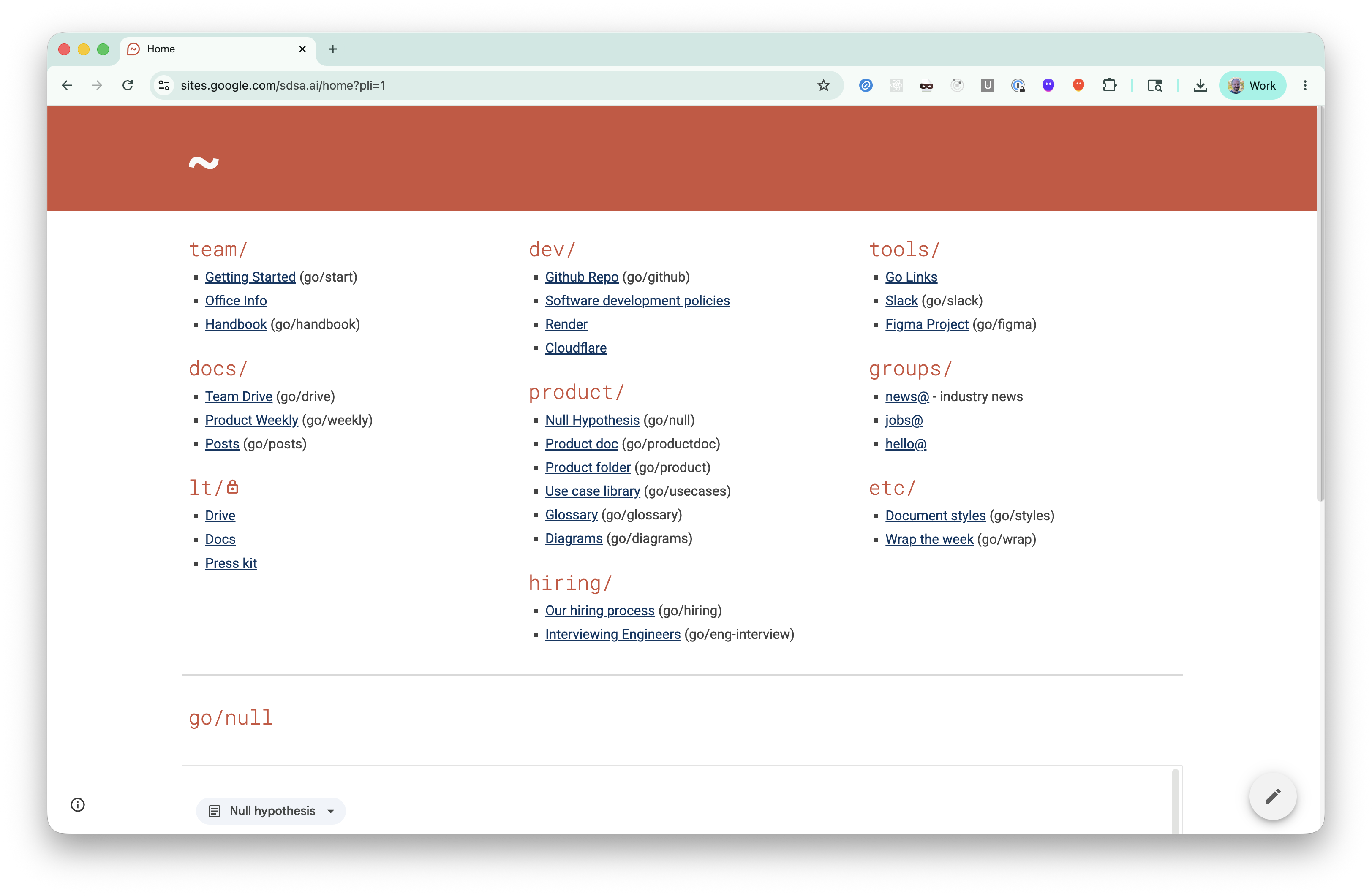 Our team hub on Google Sites — go-links, handbook, hiring, and the rest